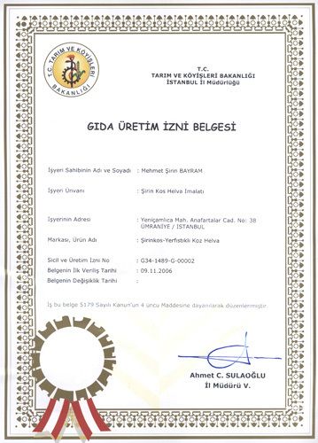 Yer Fıstıklı Helva Üretim İzin Belgesi